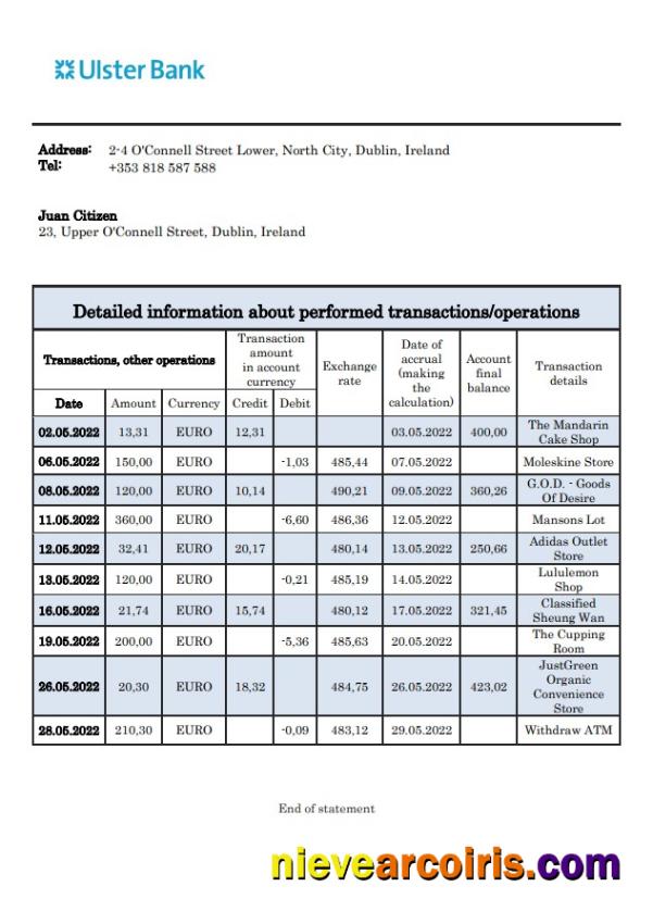 Ireland Ulster Bank statement